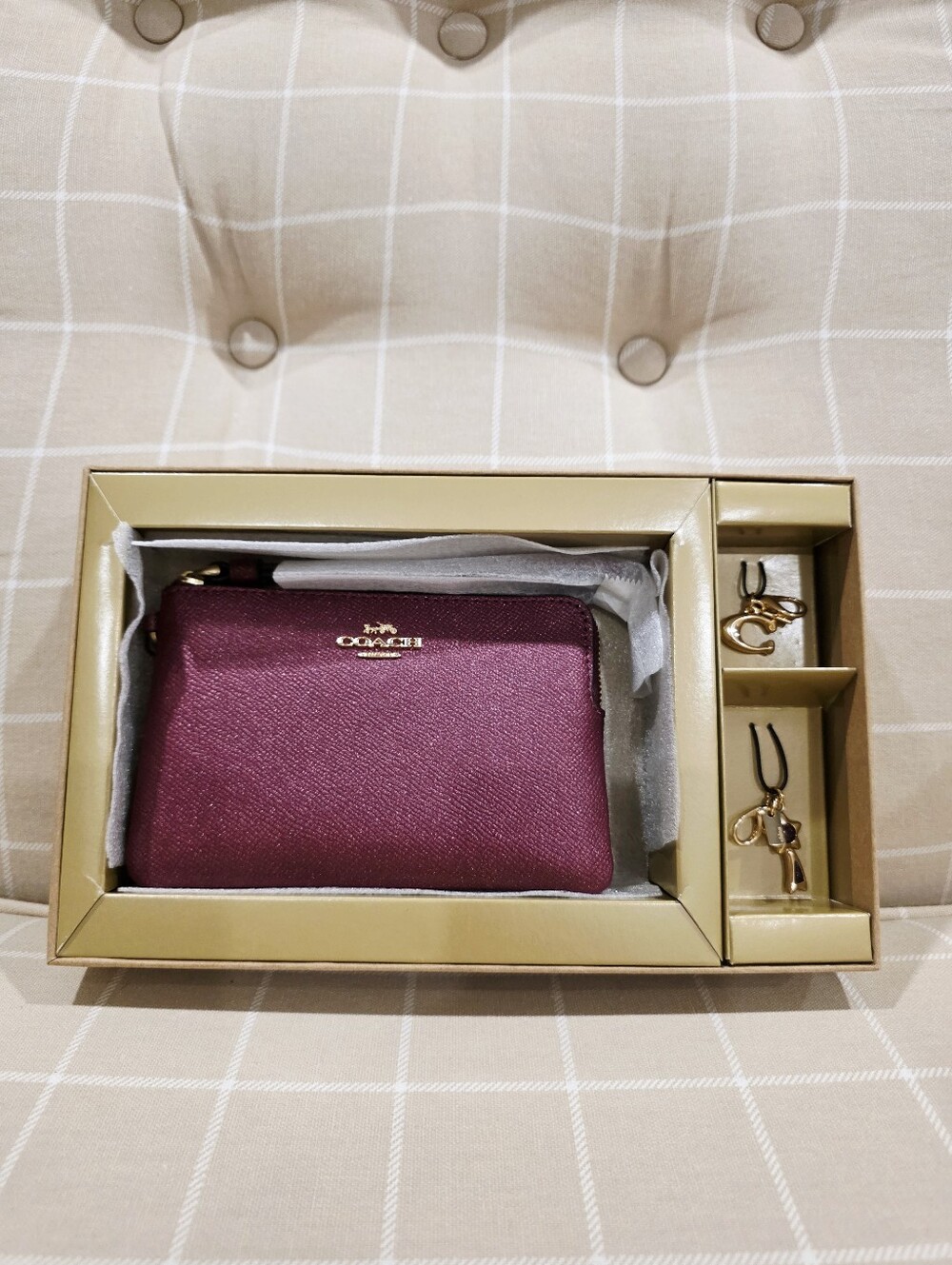 COACH Saffiano Wristlet & 2 Charm Set Box